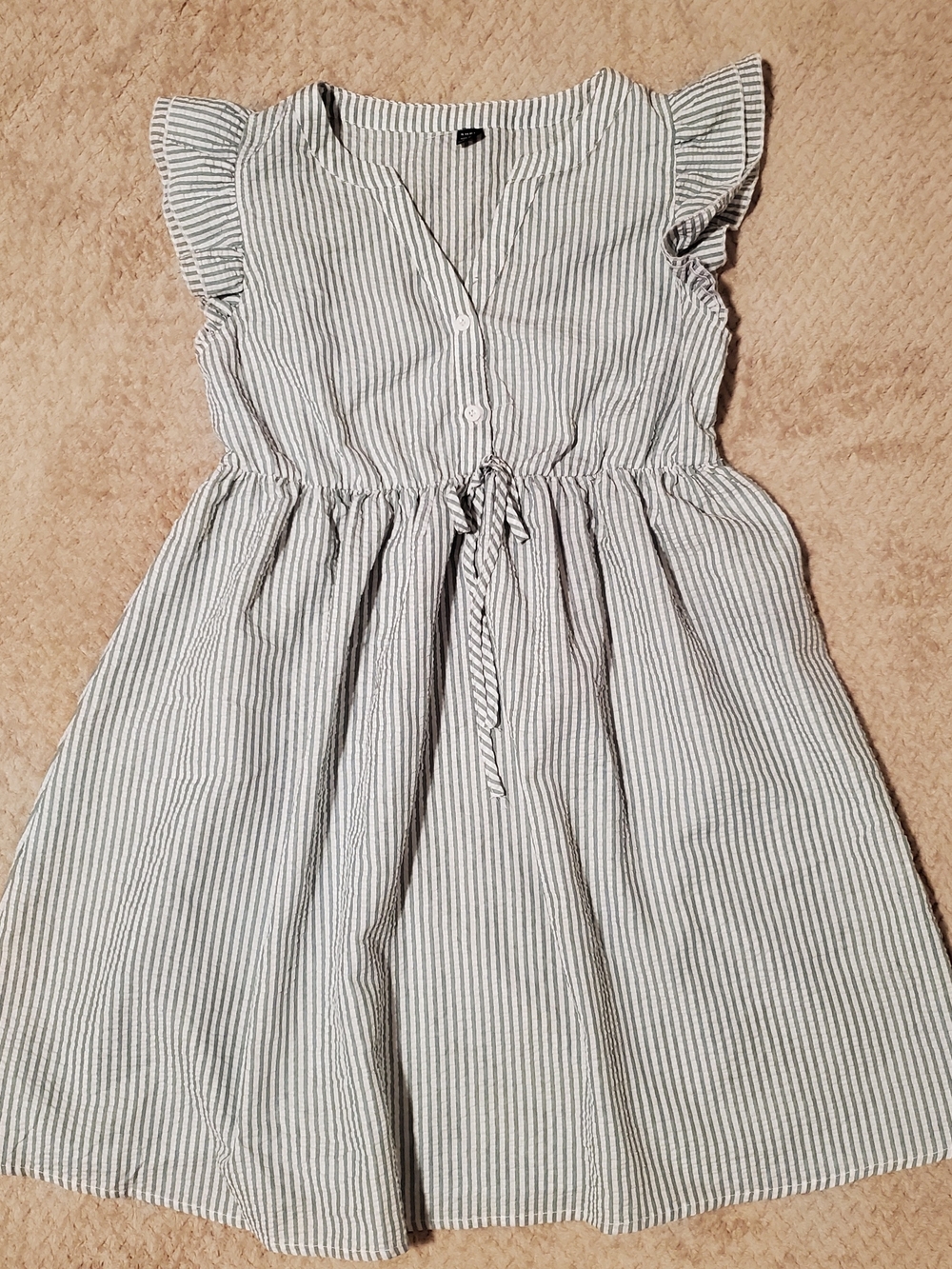 SHEIN Gray and White Striped Tie-Waist Flutter Sleeve Dress